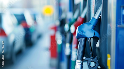 Wallpaper Mural Close-up of a fuel nozzle at a gas station, with a row of fuel pumps in the background, symbolizing transportation and energy. Torontodigital.ca