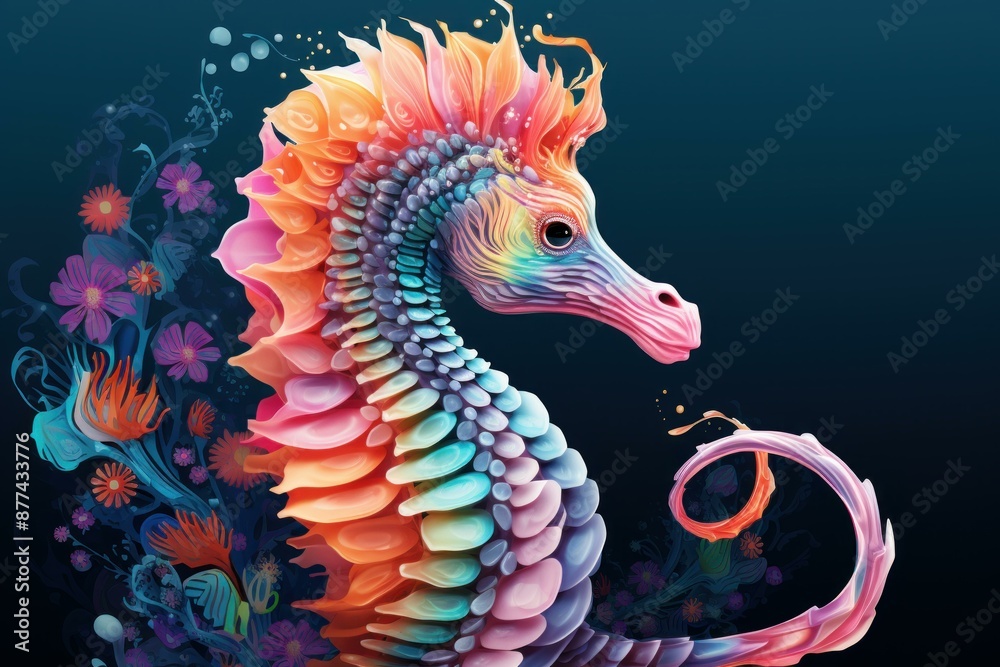 Obraz premium Vibrant and colorful seahorse fantasy illustration in a whimsical underwater marine life ecosystem with ornate floral and neon design on a navy background - digital artistic representation of a mythol