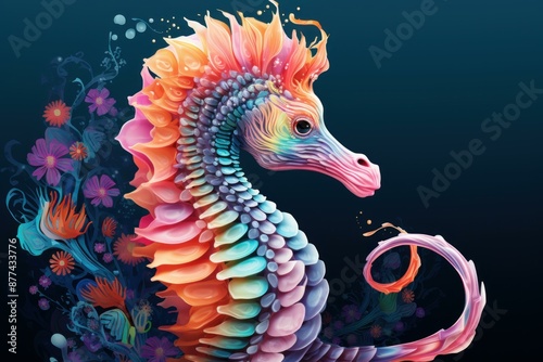 Vibrant and colorful seahorse fantasy illustration in a whimsical underwater marine life ecosystem with ornate floral and neon design on a navy background - digital artistic representation of a mythol © juliars
