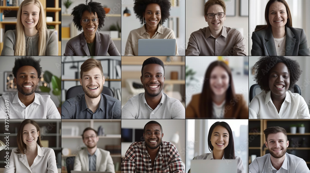 Collage of diverse professionals on a video call. Multicultural men and women, business attire, bright background. Perfect for virtual meeting, team collaboration, diversity, remote work themes Collage of diverse professionals on a video call. Multicultural men and women, business attire, bright background. Perfect for virtual meeting, team collaboration, diversity, remote work themes