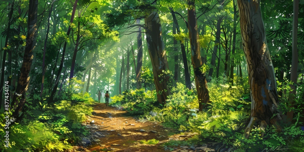 Obraz premium A Serene Forest TrailHikers under Dappled Sunlight - Peaceful Nature Scene