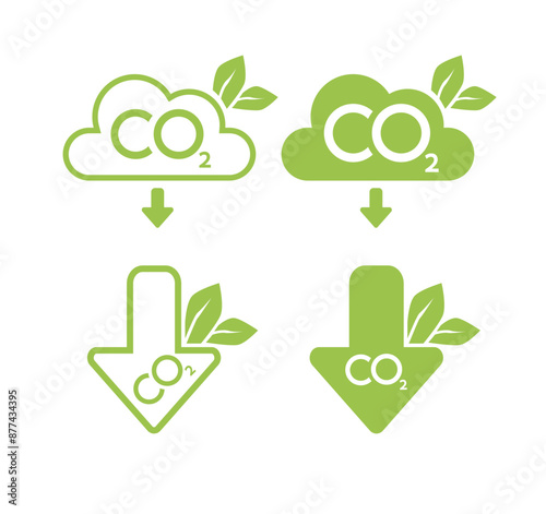 CO2 neutral icon set. Carbon gas emission reduction green labels. Ecology, environment, air pollution improvement concept. Flat Vector