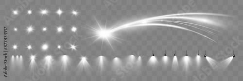 Light white wave and spotlight,meteor shine effect,vector glow line sparkle shine. Silver wavy effects	

