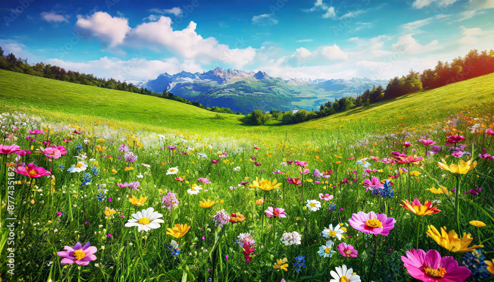 Landscape of meadow with wildflowers and mountains in background, beautiful of a meadow full of wildflowers Landscape of meadow with wildflowers and mountains in background, beautiful of a meadow full of wildflowers