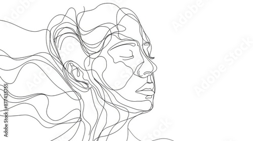 Continuous One Line Mental Chaos Brain Head Health Mind Art Sketch Вoodle Сoncept. Stress Therapy Problem Continuous One Line Drawing. A Single Stroke of Healing