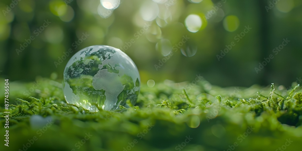 Eco Awareness and Impact Symbolic Earth Globe on Green Forest Floor. Concept Eco-Friendly Practices, Nature Conservation, Sustainable Lifestyle, Symbolic Earth Globe, Green Forest Floor Eco Awareness and Impact Symbolic Earth Globe on Green Forest Floor. Concept Eco-Friendly Practices, Nature Conservation, Sustainable Lifestyle, Symbolic Earth Globe, Green Forest Floor