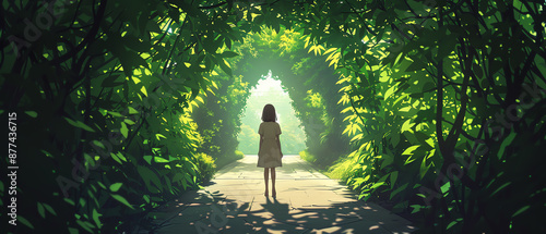 A schoolgirl discovering a secret garden, wideangle, whimsical colors, anime influence photo
