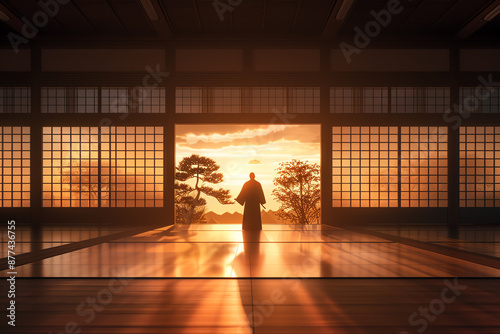 A warrior practicing kendo in a serene dojo, eyelevel, traditional colors, manga