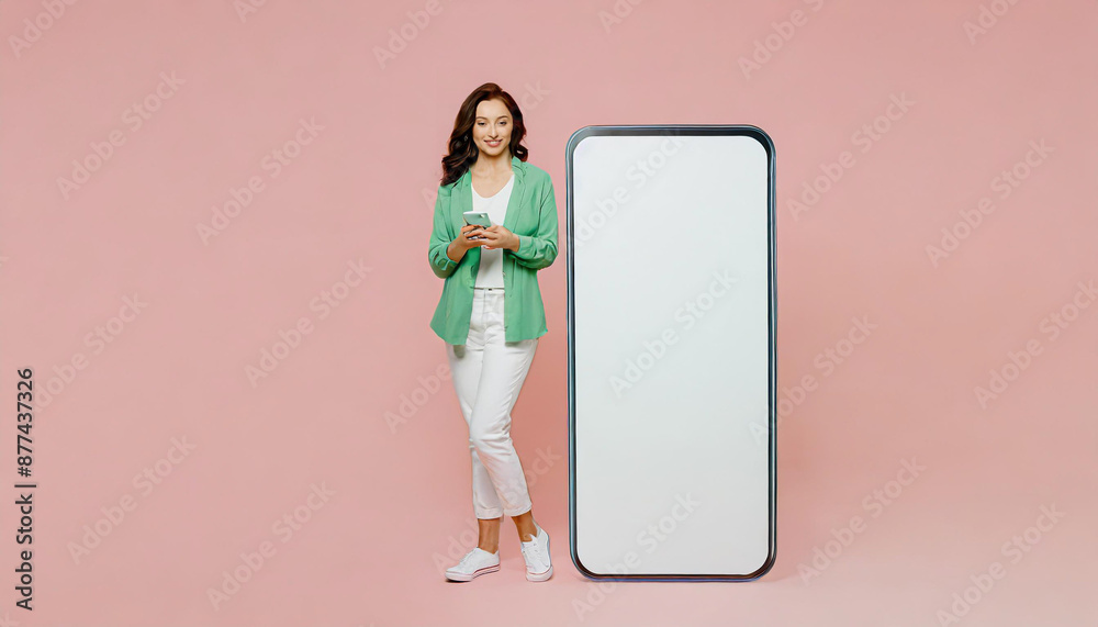 Full body happy sideways young woman in knitted sweater sit near big huge blank screen mobile cell phone with workspace mockup area use smartphone isolated on plain pastel light pink background Full body happy sideways young woman in knitted sweater sit near big huge blank screen mobile cell phone with workspace mockup area use smartphone isolated on plain pastel light pink background