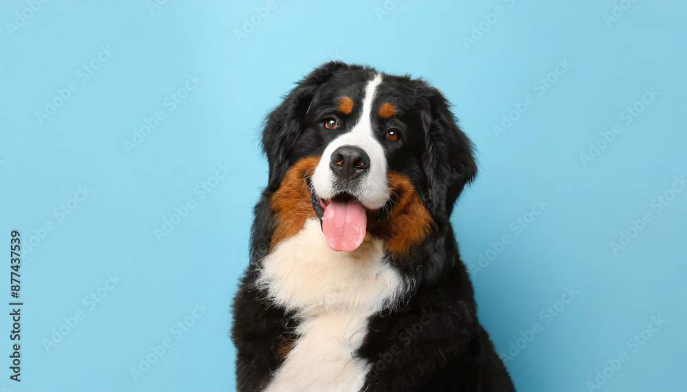 Close up portrait of a bernese mountain dog puppy on a completely light blue background with space for text Close up portrait of a bernese mountain dog puppy on a completely light blue background with space for text