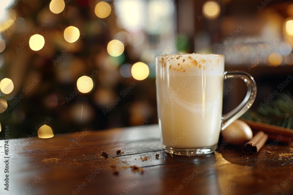 A warm and inviting mug of egg nog sits on a rustic bar counter, topped with a generous dollop of whipped cream. The soft lighting and warm tones evoke a cozy winter atmosphere. A warm and inviting mug of egg nog sits on a rustic bar counter, topped with a generous dollop of whipped cream. The soft lighting and warm tones evoke a cozy winter atmosphere.