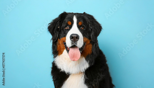 Close up portrait of a bernese mountain dog puppy on a completely light blue background with space for text