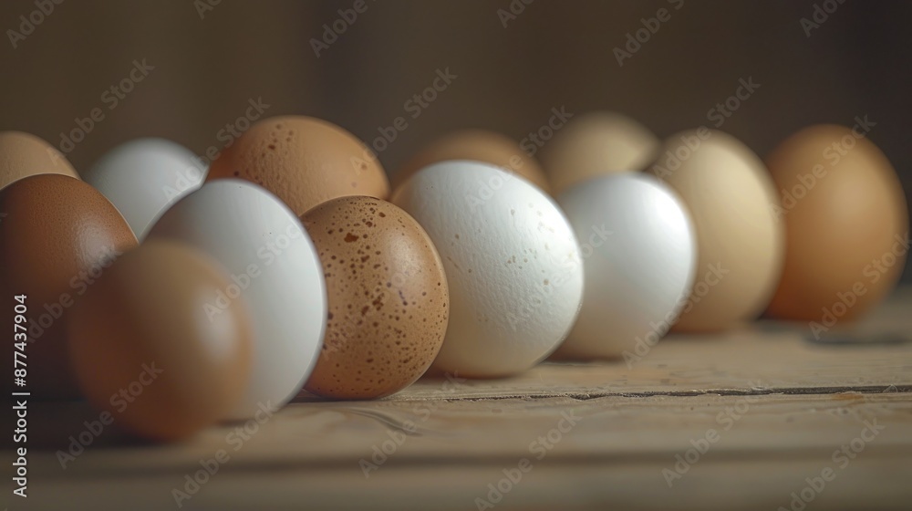 Eggs and duck eggs displayed on a wooden surface Eggs and duck eggs displayed on a wooden surface