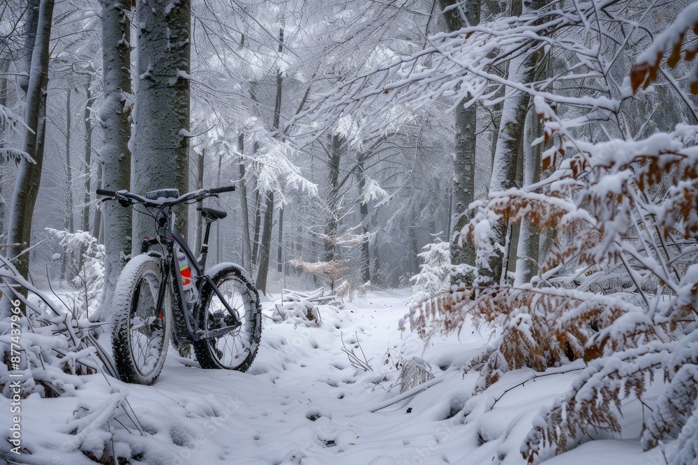 Fat bike is standing on a snowy trail in a frozen forest during winter Fat bike is standing on a snowy trail in a frozen forest during winter