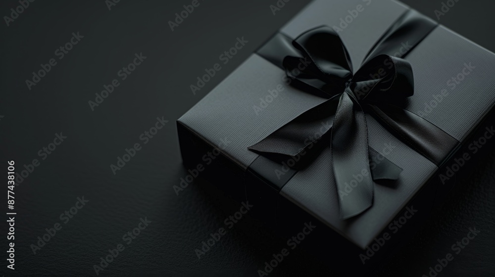 Black gift box with a ribbon on a black background Black gift box with a ribbon on a black background
