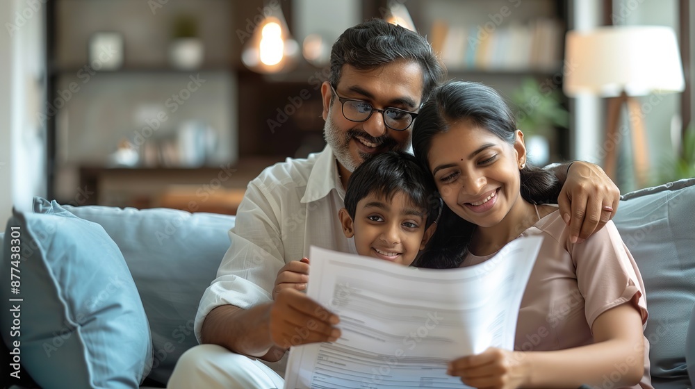 Obraz premium Happy_Indian_family_holding_protection_plan_papers.