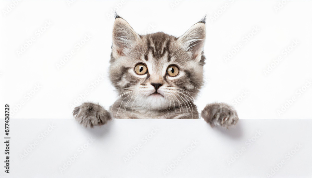 Funny gray tabby kitten showing placard with space for text. Lovely fluffy funny cat holding signboard on isolated background. Top of head of cat with paws up, peeking over a blank white banner. Funny gray tabby kitten showing placard with space for text. Lovely fluffy funny cat holding signboard on isolated background. Top of head of cat with paws up, peeking over a blank white banner.