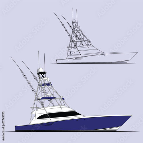 Fishing Boat Vector Line Art Illustration One Color 