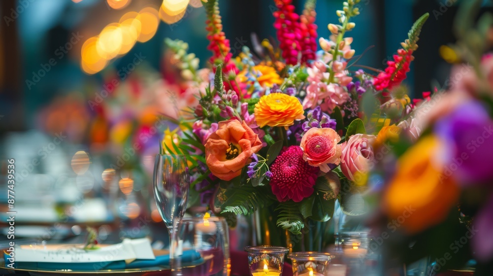 Naklejka premium event decorations, vibrant floral centerpieces on wedding tables highlight the meticulous touch in event catering