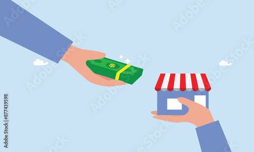 Businessman offer money to buy other hand offer company or shop building, company buyout, acquisition agreement or takeover, selling company offer or merger, franchise business concept.