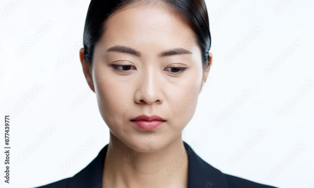 Businesswoman displays a range of emotions, from smiling to contemplative, against a white background. Perfect for corporate and professional themes