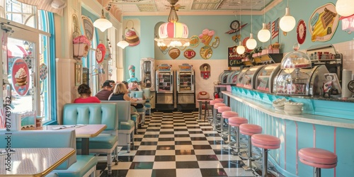 Charming Vintage Ice Cream Parlor InteriorNostalgic Decor and Soft Lighting