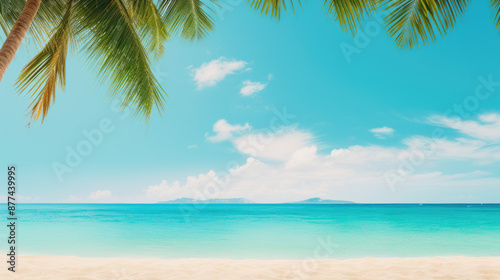 Blue sky with tropical water and young coconut palm tree on white sand beach. Summer Tropical Background. AI generated 