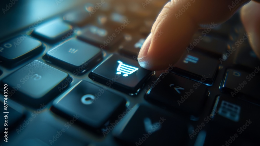 Finger close to pressing a cart button on a keyboard Finger close to pressing a cart button on a keyboard