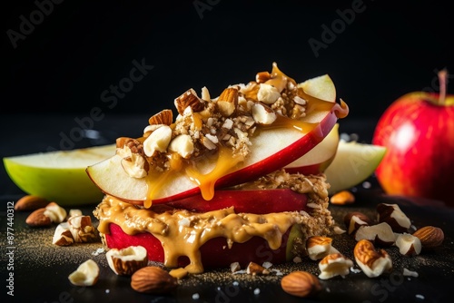 Delicious stacked apple slices with creamy peanut butter and a crunchy nut mix, drizzled with caramel photo