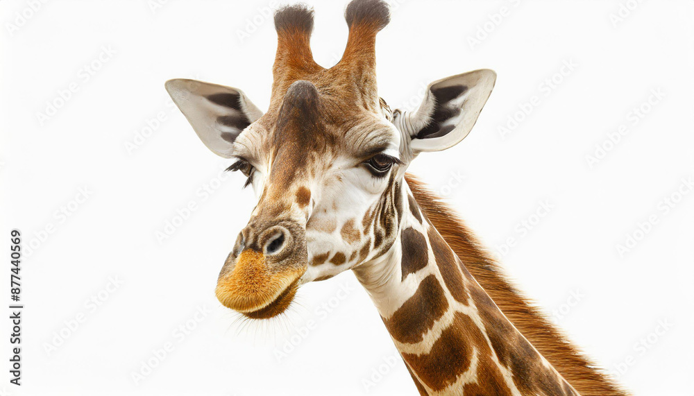 Fototapeta premium A fun and quirky portrait of a giraffe, upside down, its long neck and curious face presented against a stark white background, a playful twist on wildlife photography