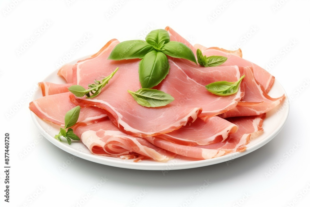 Slices of cured prosciutto garnished with fresh basil leaves served on a white plate isolated on white background Slices of cured prosciutto garnished with fresh basil leaves served on a white plate isolated on white background
