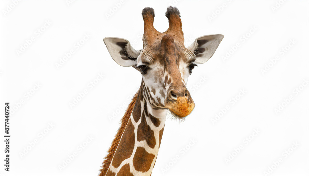 Fototapeta premium A fun and quirky portrait of a giraffe, upside down, its long neck and curious face presented against a stark white background, a playful twist on wildlife photography
