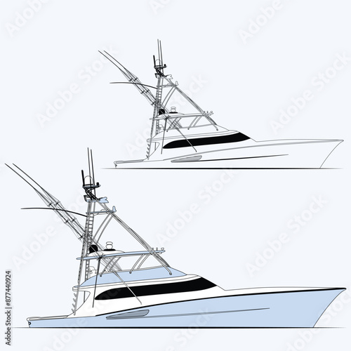 Fishing Boat Vector Line Art Illustration One Color 