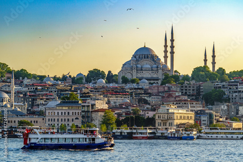 Türkiye. Istanbul. View of the Bosphorus and the Süleymaniye Mosque or Suleiman Mosque in the background