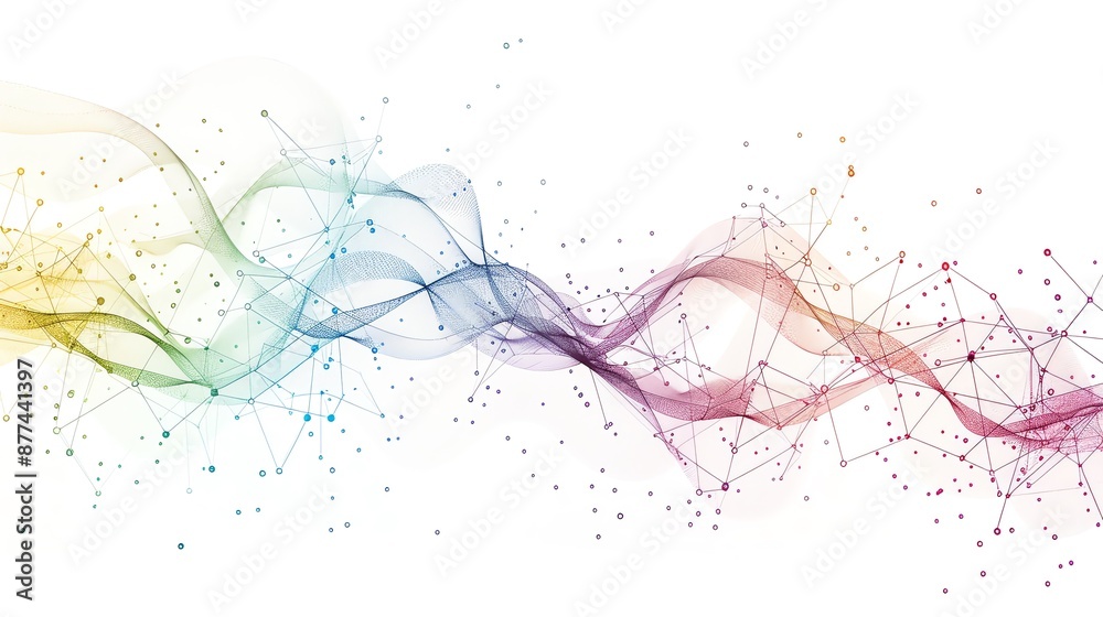 Abstract colorful wave of connected dots and lines. Concept of data visualization, network connection, digital technology, and innovation. Abstract colorful wave of connected dots and lines. Concept of data visualization, network connection, digital technology, and innovation.