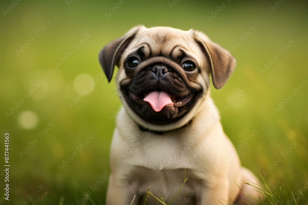 Cheerful young pug puppy with its tongue out sits on vibrant green grass Cheerful young pug puppy with its tongue out sits on vibrant green grass