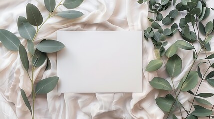 Empty white card with eucalyptus leaves