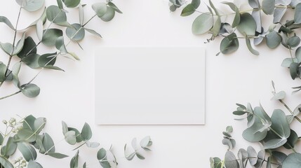 Empty white card with eucalyptus leaves