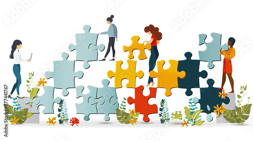 A group of diverse people standing on puzzle pieces,