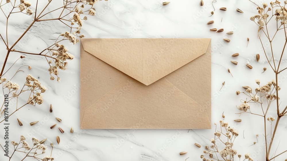 Wedding invitation card envelope with dry wildflowers Wedding invitation card envelope with dry wildflowers
