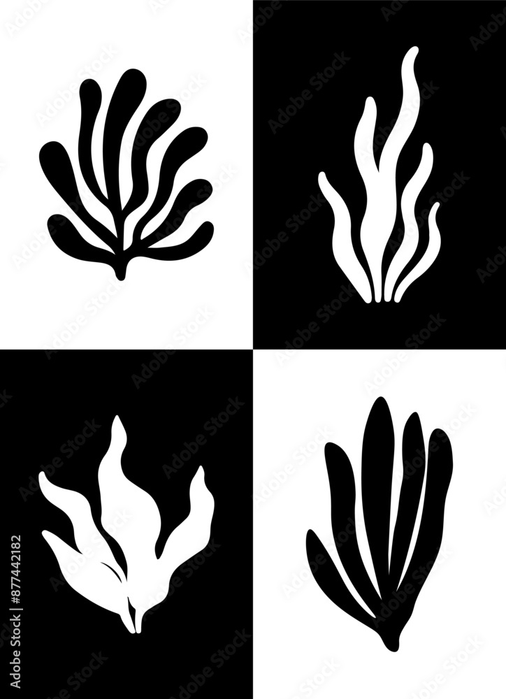 Poster of black and white silhouette seaweed and corals illustrations. Algae modern print. Perfect for marine-themed, underwater scenes and graphic design. Poster of black and white silhouette seaweed and corals illustrations. Algae modern print. Perfect for marine-themed, underwater scenes and graphic design.