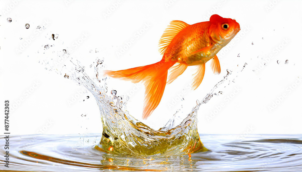 Obraz premium Goldfish jumping out of round fishbowl into freedom