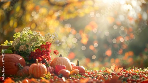 rural thanksgiving traditions, genuine thanksgiving day customs in a rural setting outdoor vegetable harvest, backdrop of autumn leaves and trees with ample free space for text photo
