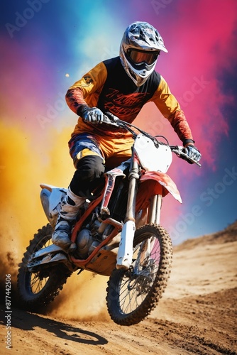 A dirt bike racer leaps through the air, leaving a trail of dust and determination © Andrey