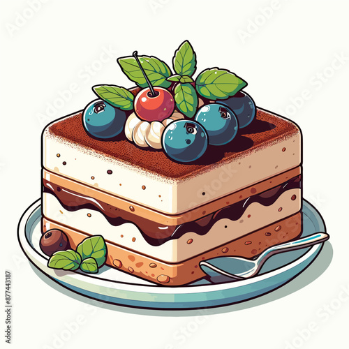 Vector image of tiramisu cake with side dishes