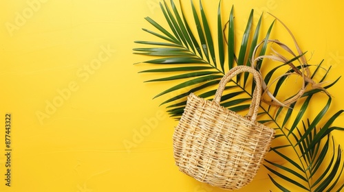 Fototapeta Naklejka Na Ścianę i Meble -  Summer themed women s straw bag with green palm leaf on yellow background Eco conscious travel concept with zero waste and plastic free vibes featuring mock up with flat lay styling