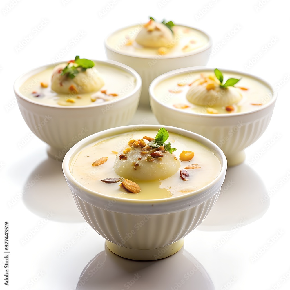 bowls creamy dessert topped with scoop ice cream confection garnished with nuts herbs isolated on white background bowls creamy dessert topped with scoop ice cream confection garnished with nuts herbs isolated on white background