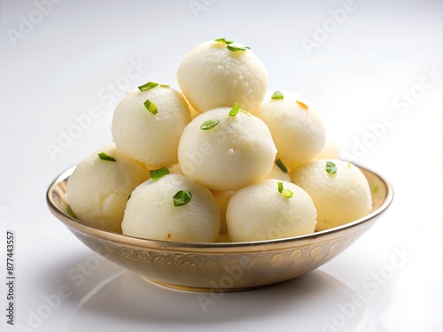 indian rasgulla sweets garnished with green leafy herbs on white background photo