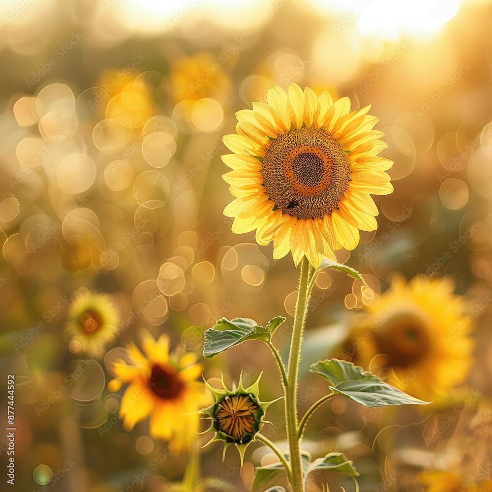 Obraz premium Beautiful sunflower in a sunlit field with a glowing background. Vibrant yellow petals and green leaves create a stunning natural scene.