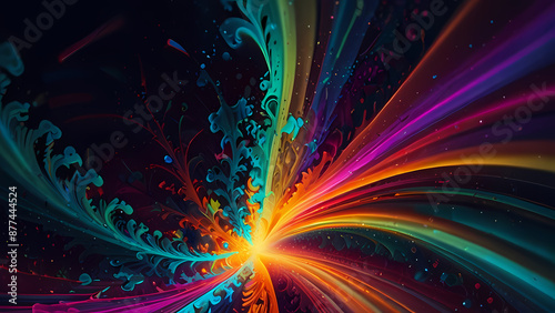 abstract psychedelic background featuring swirling neon colors, fractal patterns, and intricate geometric shapes that evoke a sense of movement and fluidity.